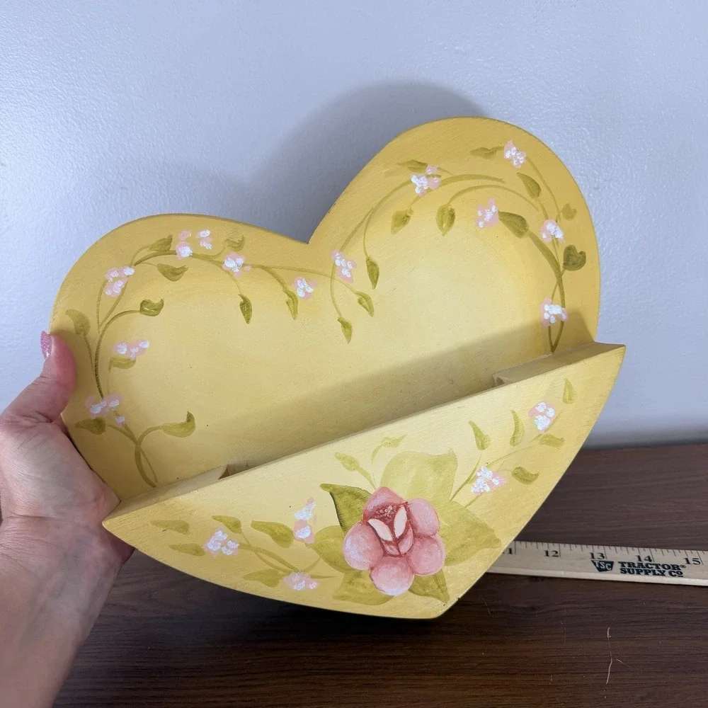 Vintage Heart Wall Shelf Letter Holder Yellow Hand Painted Floral Plastic Plant